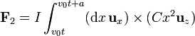 \mathbf{F}_2 = I\int_{v_0t}^{v_0t+a} (\mathrm{d}x\,\mathbf{u}_x)\times(Cx^2\mathbf{u}_z)