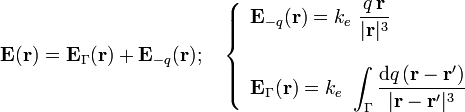 \mathbf{E}(\mathbf{r})=\mathbf{E}_\Gamma(\mathbf{r})+\mathbf{E}_{-q}(\mathbf{r})\mathrm{;}\quad\left\{\begin{array}{l}\displaystyle\mathbf{E}_{-q}(\mathbf{r})=k_e\ \frac{q\!\ \mathbf{r}}{|\mathbf{r}|^3}\\ \\ \displaystyle\mathbf{E}_\Gamma(\mathbf{r})=k_e\ \int_\Gamma\frac{\mathrm{d}q\!\ (\mathbf{r}-\mathbf{r}^\prime)}{|\mathbf{r}-\mathbf{r}^\prime|^3}\end{array}\right.