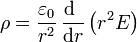 \rho = \frac{\varepsilon_0}{r^2}\,\frac{\mathrm{d}\ }{\mathrm{d}r}\left(r^2E\right)