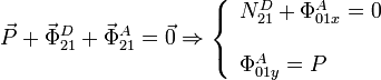 
  \vec{P}+\vec{\Phi}^D_{21}+\vec{\Phi}^A_{21}=\vec{0}
  \Rightarrow
  \left\{
  \begin{array}{l}
    N^D_{21} + \Phi^A_{01x}=0\\ \\
    \Phi^A_{01y} = P
  \end{array}
  \right.
