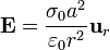 \mathbf{E}=\frac{\sigma_0a^2}{\varepsilon_0 r^2}\mathbf{u}_r