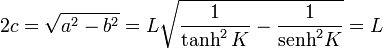 2c = \sqrt{a^2-b^2} = L\sqrt{\frac{1}{\tanh^2K}-\frac{1}{\mathrm{senh}^2K}}= L