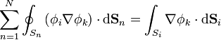 \sum_{n=1}^N\oint_{S_n}\left(\phi_i\nabla\phi_k\right)\cdot\mathrm{d}\mathbf{S}_n = \int_{S_i}\nabla\phi_k\cdot\mathrm{d}\mathbf{S}_i