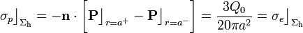 \sigma_p\big\rfloor_{\Sigma_\mathrm{h}}=-\mathbf{n}\cdot\bigg[\mathbf{P}\big\rfloor_{r=a^+}-\mathbf{P}\big\rfloor_{r=a^-}\bigg]=\frac{3Q_0}{20\pi a^2}=\sigma_e\big\rfloor_{\Sigma_\mathrm{h}}