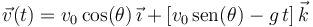 
\vec{v}(t)=v_0\,\mathrm{cos}(\theta)\,\vec{\imath}+\left[v_0\,\mathrm{sen}(\theta)-g\,t\right]\vec{k}
