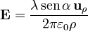 \mathbf{E}=\frac{\lambda\,\mathrm{sen}\,\alpha\,\mathbf{u}_{\rho}}{2\pi\varepsilon_0\rho}