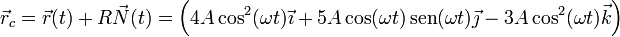 \vec{r}_c = \vec{r}(t) + R\vec{N}(t) = \left(4A\cos^2(\omega t)\vec{\imath}+5A\cos(\omega t)\,\mathrm{sen}(\omega t)\vec{\jmath}-3A\cos^2(\omega t)\vec{k}\right)