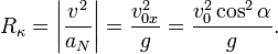 
  R_{\kappa} = \left|\dfrac{v^2}{a_N}\right| = \dfrac{v_{0x}^2}{g} =
  \dfrac{v_0^2\cos^2\alpha}{g}. 
