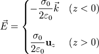 \vec{E}=\begin{cases}\displaystyle-\frac{\sigma_0}{2\varepsilon_0}\vec{k} &
(z<0)\\ & \\ \displaystyle\frac{\sigma_0}{2\varepsilon_0}\mathbf{u}_{z} & (z>0)\end{cases}