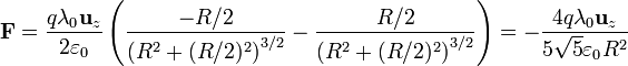 
\mathbf{F}=\frac{q\lambda_0\mathbf{u}_z}{2\varepsilon_0}\left(\frac{-R/2}{\left(R^2+(R/2)^2\right)^{3/2}}-\frac{R/2}{\left(R^2+(R/2)^2\right)^{3/2}}\right) = -\frac{4q\lambda_0\mathbf{u}_z}{5\sqrt{5}\varepsilon_0 R^2}