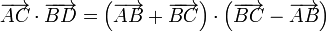 \overrightarrow{AC}\cdot\overrightarrow{BD} = \left(\overrightarrow{AB}+\overrightarrow{BC}\right)\cdot\left(\overrightarrow{BC}-\overrightarrow{AB}\right)