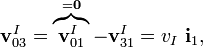\mathbf{v}_{03}^I=\overbrace{\mathbf{v}_{01}^I}^{=\mathbf{0}}-\mathbf{v}_{31}^I=v_I\ \mathbf{i}_1,