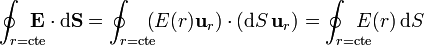 \oint_{r=\mathrm{cte}}\!\!\!\!\!\!\mathbf{E}\cdot\mathrm{d}\mathbf{S} = \oint_{r=\mathrm{cte}}\!\!\!\!\left(E(r)\mathbf{u}_r\right)\cdot\left(\mathrm{d}S\,\mathbf{u}_r\right) = \oint_{r=\mathrm{cte}}\!\!\!\!\!\!E(r)\,\mathrm{d}S