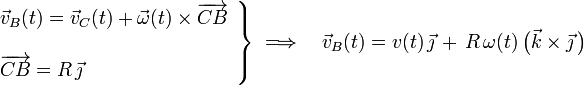 \left.\begin{array}{l}\displaystyle\vec{v}_B(t)=\vec{v}_C(t)+\vec{\omega}(t)\times\overrightarrow{CB}\\ \\
\displaystyle\overrightarrow{CB}=R\!\ \vec{\jmath}\end{array}\right\}\;\Longrightarrow\quad\vec{v}_B(t)=v(t)\!\ \vec{\jmath}\!\ +\!\ R\!\ \omega(t)\!\ \big(\vec{k}\times\vec{\jmath}\!\ \big)