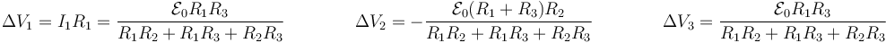 \Delta V_1 = I_1R_1 = \frac{\mathcal{E}_0R_1R_3}{R_1R_2+R_1R_3+R_2R_3}\qquad\qquad \Delta V_2=-\frac{\mathcal{E}_0(R_1+R_3)R_2}{R_1R_2+R_1R_3+R_2R_3}\qquad\qquad \Delta V_3 = \frac{\mathcal{E}_0R_1R_3}{R_1R_2+R_1R_3+R_2R_3}