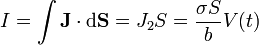 I=\int \mathbf{J}\cdot\mathrm{d}\mathbf{S}=J_2S = \frac{\sigma S}{b}V(t)