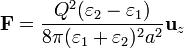 \mathbf{F}=\frac{Q^2(\varepsilon_2-\varepsilon_1)}{8\pi(\varepsilon_1+\varepsilon_2)^2a^2}\mathbf{u}_z