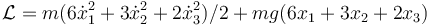 \mathcal{L}=m(6\dot{x}_1^2+3\dot{x}_2^2+2\dot{x}_3^2 )/2+mg(6x_1+3x_2+2x_3 )