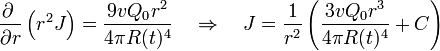 \frac{\partial\ }{\partial r}\left(r^2 J\right) = \frac{9 v Q_0r^2}{4\pi R(t)^4}
\quad\Rightarrow\quad J = \frac{1}{r^2}\left(\frac{3 v Q_0r^3}{4\pi R(t)^4}+ C\right)
