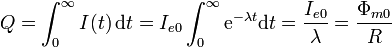 Q=\int_0^\infty I(t)\,\mathrm{d}t = I_{e0}\int_0^\infty \mathrm{e}^{-\lambda t}\mathrm{d}t = \frac{I_{e0}}{\lambda}=\frac{\Phi_{m0}}{R} 