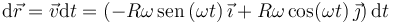 
\mathrm{d}\vec{r} = \vec{v}\mathrm{d}t = 
(-R\omega\,\mathrm{sen}\,(\omega t)\,\vec{\imath} +
R\omega\cos(\omega t)\,\vec{\jmath})\,\mathrm{d}t
