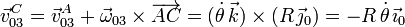 
  \vec{v}_{03}^C=\vec{v}_{03}^A+\vec{\omega}_{03}\times\overrightarrow{AC}=(\dot{\theta}\,\vec{k})\times(R\,\vec{\jmath}_0)=-R\,\dot{\theta}\,\vec{\imath}_0
