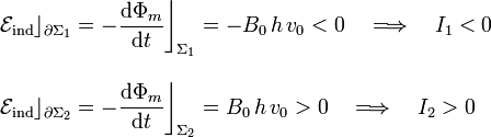 \begin{array}{l}\displaystyle\mathcal{E}_\mathrm{ind}\rfloor_{\partial\Sigma_1}=-\frac{\mathrm{d}\Phi_m}{\mathrm{d}t}\bigg\rfloor_{\Sigma_1}=-B_0\!\ h\!\ v_0<0\quad\Longrightarrow\quad I_1<0\\ \\ \displaystyle\mathcal{E}_\mathrm{ind}\rfloor_{\partial\Sigma_2}=-\frac{\mathrm{d}\Phi_m}{\mathrm{d}t}\bigg\rfloor_{\Sigma_2}=B_0\!\ h\!\ v_0>0\quad\Longrightarrow\quad I_2>0\end{array}
