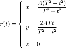 
  \vec{r}(t) = 
  \left\{
  \begin{array}{l}
    x = \dfrac{A(T^2-t^2)}{T^2+t^2}\\ \\
    y = \dfrac{2ATt}{T^2+t^2}\\ \\
    z=0
  \end{array}
  \right.
