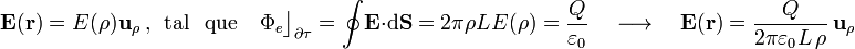 \mathbf{E}(\mathbf{r})=E(\rho)\!\ \mathbf{u}_\rho\,\mathrm{,}\,\;\,\mathrm{tal}\,\;\;\mathrm{que}\quad\Phi_e\big\rfloor_{\partial\tau}=\oint\!\mathbf{E}\cdot\mathrm{d}\mathbf{S}=2\pi\rho L\!\ E(\rho)=\frac{Q}{\varepsilon_0}\quad\longrightarrow\quad \mathbf{E}(\mathbf{r})=\frac{Q}{2\pi\varepsilon_0L\!\ \rho}\ \mathbf{u}_\rho