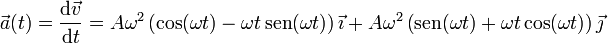 \vec{a}(t) =\frac{\mathrm{d}\vec{v}}{\mathrm{d}t}=A\omega^2\left(\cos(\omega t)-\omega t\,\mathrm{sen}(\omega t)\right)\vec{\imath}+A\omega^2\left(\mathrm{sen}(\omega t)+\omega t\cos(\omega t)\right)\vec{\jmath}