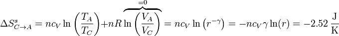 \Delta S^s_{C\to A} = n c_V\ln\left(\frac{T_A}{T_C}\right)+nR\overbrace{\ln\left(\frac{V_A}{V_C}\right)}^{=0}=nc_V\ln\left(r^{-\gamma}\right) = -nc_V\gamma \ln(r)= -2.52\,\frac{\mathrm{J}}{\mathrm{K}}