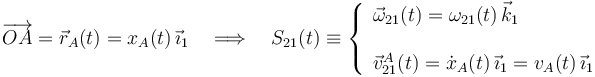 \overrightarrow{OA}=\vec{r}_A(t)=x_A(t)\!\ \vec{\imath}_1\quad\Longrightarrow\quad S_{21}(t)\equiv\left\{\begin{array}{l}\vec{\omega}_{21}(t)=\omega_{21}(t)\!\ \vec{k}_1\\ \\ \vec{v}_{21}^A(t)=\dot{x}_A(t)\!\ \vec{\imath}_1=v_A(t)\!\ \vec{\imath}_1\end{array}\right.