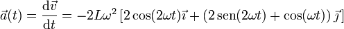 \vec{a}(t)=\frac{\mathrm{d}\vec{v}}{\mathrm{d}t}=-2L\omega^2\left[2\cos(2\omega t)\vec{\imath}+\left(2\,\mathrm{sen}(2\omega t)+\cos(\omega t)\right)\vec{\jmath}\,\right]