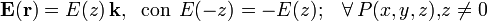 \mathbf{E}(\mathbf{r})=E(z)\!\ \mathbf{k}\mathrm{,}\;\;\,\mathrm{con}\,\;E(-z)=-E(z)\mathrm{;}\quad\forall\, P(x,y,z)\mathrm{,} z\neq 0