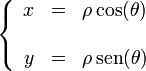 \left\{\begin{array}{rcl} x & = & \rho\cos(\theta) \\ && \\ y & = & \rho\,\mathrm{sen}(\theta) \end{array}\right.