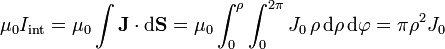 \mu_0I_\mathrm{int}=\mu_0\int\mathbf{J}\cdot\mathrm{d}\mathbf{S}=\mu_0\int_0^\rho\int_0^{2\pi} J_0\,\rho\,\mathrm{d}\rho\,\mathrm{d}\varphi=\pi\rho^2 J_0