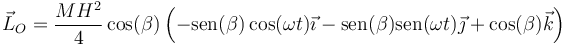 \vec{L}_O=\frac{MH^2}{4}\cos(\beta)\left(-\mathrm{sen}(\beta)\cos(\omega t)\vec{\imath}-\mathrm{sen}(\beta)\mathrm{sen}(\omega t)\vec{\jmath}+\cos(\beta)\vec{k}\right)