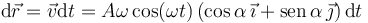 
\mathrm{d}\vec{r} = \vec{v}\mathrm{d}t = 
A\omega\cos(\omega t)\,(\cos\alpha\,\vec{\imath} + \mathrm{sen}\,\alpha\,\vec{\jmath}) \,\mathrm{d}t
