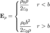 \mathbf{E}_\rho = \begin{cases}\displaystyle\frac{\rho_0\rho}{2\varepsilon_0} & r < b \\ & \\ \displaystyle\frac{\rho_0b^2}{2\varepsilon_0\rho} & r > b\end{cases}