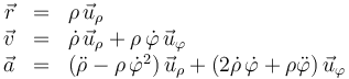 
\begin{array}{rcl}
\vec{r} & = & \rho\,\vec{u}_{\rho}\\
\vec{v} & = & \dot{\rho}\,\vec{u}_{\rho} + \rho\,\dot{\varphi}\,\vec{u}_{\varphi}\\
\vec{a} & = &(\ddot{\rho}-\rho\,\dot{\varphi}^2)\,\vec{u}_{\rho} + (2\dot{\rho}\,\dot{\varphi}+\rho\ddot{\varphi})\,\vec{u}_{\varphi}
\end{array}
