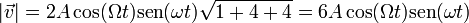 |\vec{v}| = 2A\cos(\Omega t)\mathrm{sen}(\omega t)\sqrt{1+4+4}=6A\cos(\Omega t)\mathrm{sen}(\omega t)