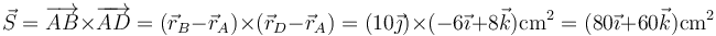 \vec{S}=\overrightarrow{AB}\times\overrightarrow{AD}=(\vec{r}_B-\vec{r}_A)\times(\vec{r}_D-\vec{r}_A) = (10\vec{\jmath}) \times(-6\vec{\imath}+8\vec{k}) \mathrm{cm}^2=(80\vec{\imath}+60\vec{k})\mathrm{cm}^2