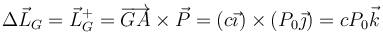 \Delta \vec{L}_G=\vec{L}^+_G=\overrightarrow{GA}\times \vec{P}=(c\vec{\imath})\times(P_0\vec{\jmath})=cP_0\vec{k}