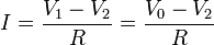 I=\frac{V_1-V_2}{R}=\frac{V_0-V_2}{R}