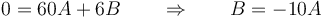 0 = 60A + 6B\qquad\Rightarrow\qquad B = -10A