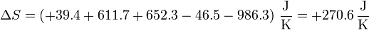 \Delta S = \left(+39.4+611.7+652.3-46.5-986.3\right)\,\frac{\mathrm{J}}{\mathrm{K}} = +270.6\,\frac{\mathrm{J}}{\mathrm{K}}