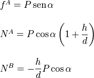 
  \left.
  \begin{array}{l}
    f^A = P\,\mathrm{sen}\,\alpha\\ \\
    N^A = P\cos\alpha\left(1+\dfrac{h}{d}\right)\\ \\
    N^B = -\dfrac{h}{d}P\cos\alpha
  \end{array}
  \right.
