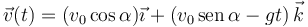 
\vec{v}(t)=(v_0\cos\alpha)\vec{\imath}+\left(v_0\,\mathrm{sen}\,\alpha-gt\right)\vec{k}
