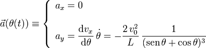 
\vec{a}(\theta(t)) \equiv
\left\{
\begin{array}{l}
a_x =  0 \\ \\
a_y =  \dfrac{\mathrm{d}v_x}{\mathrm{d}\theta}\,\dot{\theta} = 
-\dfrac{2\,v_0^2}{L}\,\dfrac{1}{(\mathrm{sen}\,\theta+\cos\theta)^3}
\end{array}
\right.
