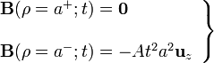 \left.\begin{array}{l}\mathbf{B}(\rho=a^+; t)=\mathbf{0}\\ \\
\mathbf{B}(\rho=a^-; t)=-At^2a^2\mathbf{u}_z\end{array}\right\}